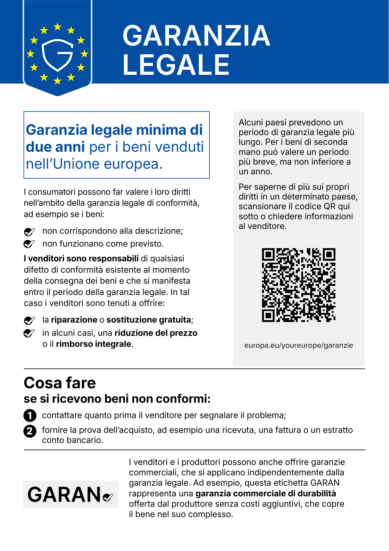 Avviso armonizzato UE sulla garanzia legale: garanzia legale minima di due anni per i beni venduti nell'Unione europea